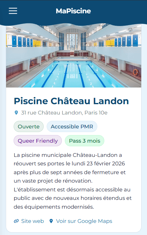Mobile view of a pool page: Piscine Château Landon, with its address and the Open, Wheelchair accessible and Queer Friendly labels.