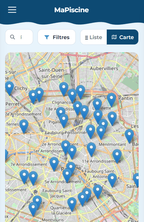Mobile map view: Paris pools shown as pins, with search, filters and a list/map toggle.