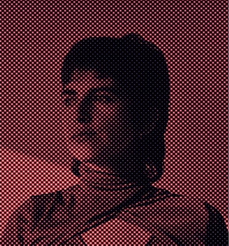 Halftone portrait of Gabriel in red and dark blue, looking to the side.